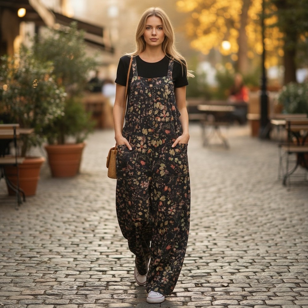 Natural live sz L crushed velvet black floral overalls with pockets wide leg OO
